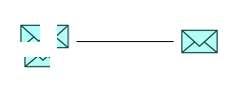 Two envelopes arranged horizontally connected by a solid thin blue line. The left envelope is sliced into pieces, and the right is whole, illustrating packet assembly across a network.